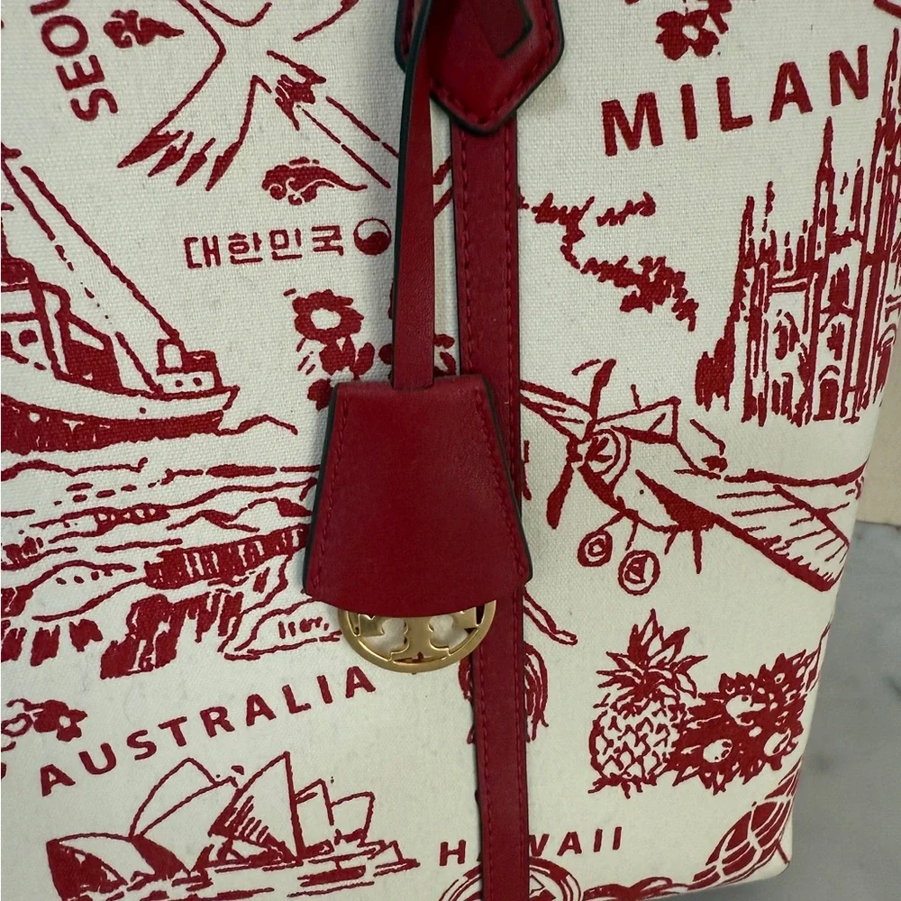 NWT Tory Burch Illustrated Tote in Red Cream highlighting international cities - Picture 11 of 13